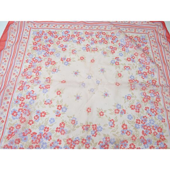 Vintage 70s Scarf Coral Pink Lavender Floral Stripe Floral Print Square - Picture 6 of 10